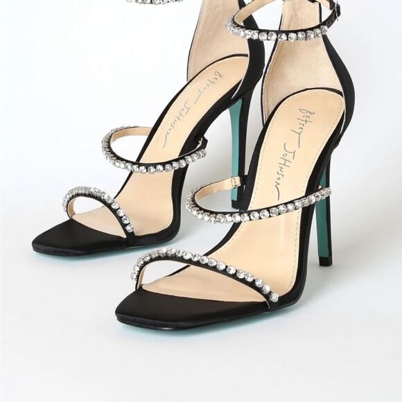 Elisa Black Satin Rhinestone Ankle Strap Heels - Picture 2 of 8